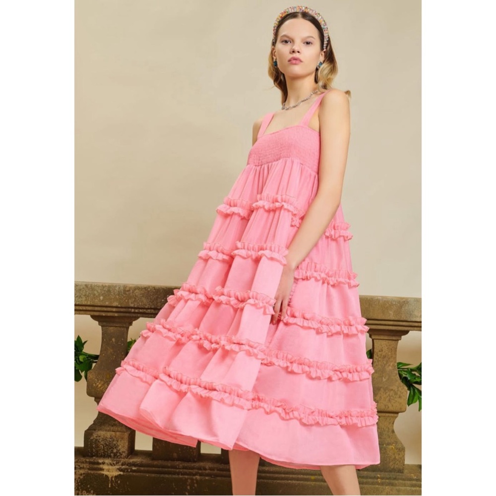 DREAM SISTER JANE Coral Pink Smocked Layered Organza Tiered Ruffle Midi Dress